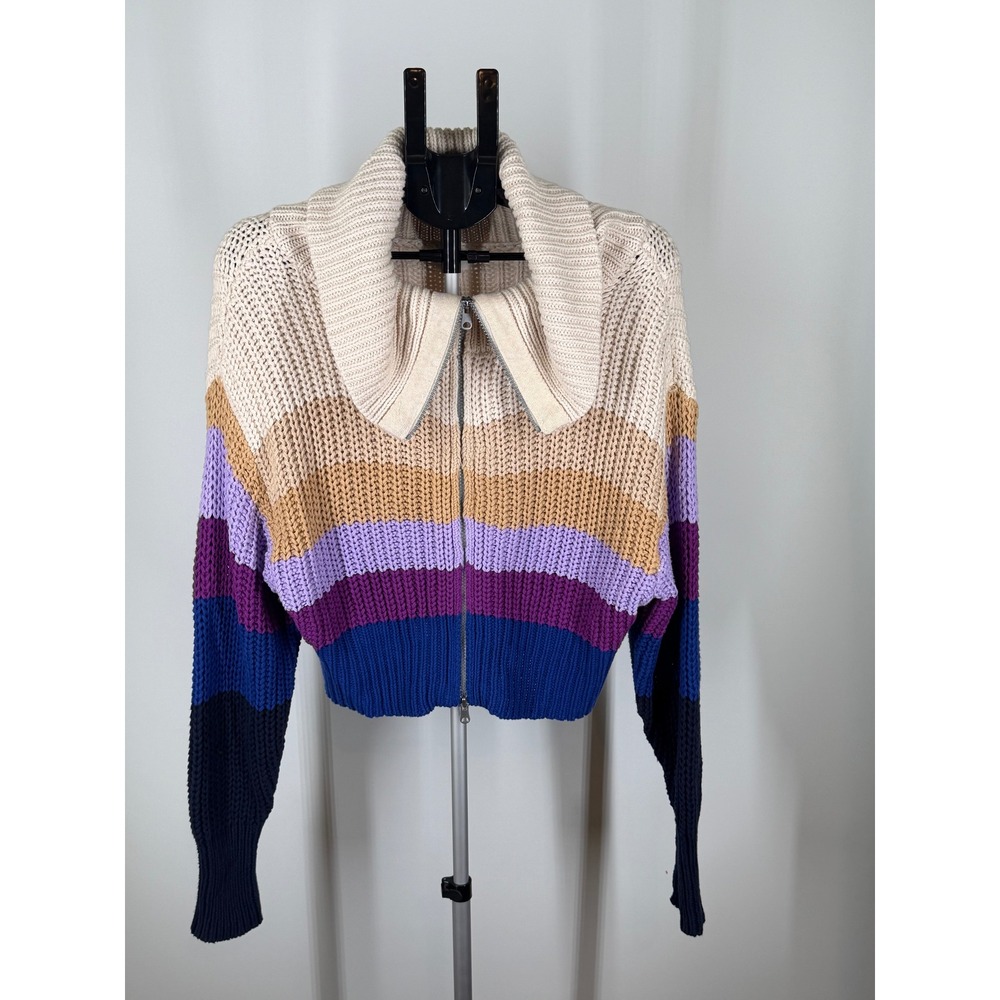Aerie Striped Shaker Stitch Full Zip Cropped Sweater Cardigan Large Multi-Color